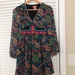 Sz XS Flying Tomato Paisley Navy Dress Pink Orange Blue Embroidery.